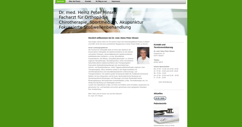  Dr. med. Heinz Peter HinsenFacharzt für OrthopädieChirotherapie, Sportmedizin, AkupunkturFokussierte Stoßwellenbehandlung